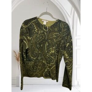 JILLIAN JONES Womens XL Paisley Zip Up Cardigan Sweater 100% Lambs Wool Green